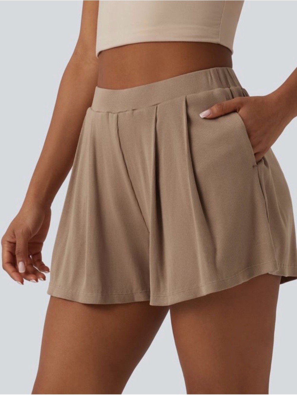 Pleated High-Waist Relaxed Shorts in Taupe